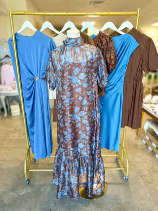 Cocoa & Blue Blooms Midi Dress