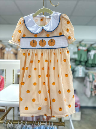 Khaki Pumpkin Trio Embroidery Smocked Dress