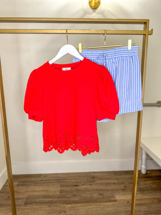 Red Ready for the Sun Eyelet Detail Shortsleeve Blouse