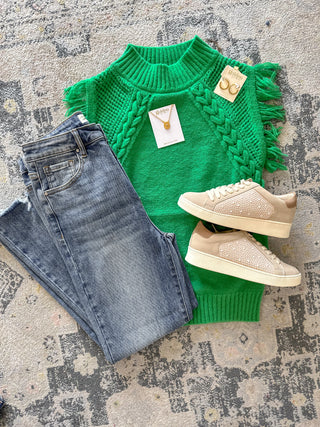 Basil Green Fun & Fringy Cable Knit Trim Sleeveless Sweater