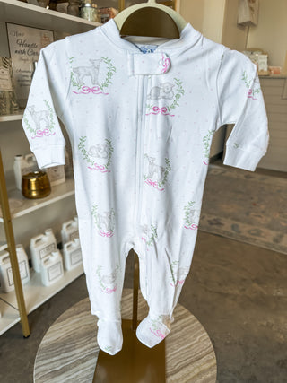 Pink Lamb Print Zipper Footie