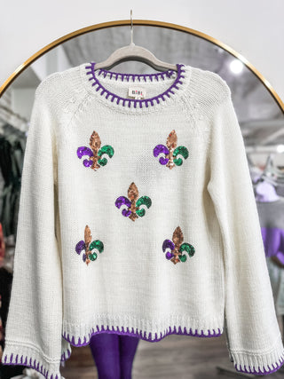 Mardi Gras Shines Fleur De Lis Stitch Detail Sweater