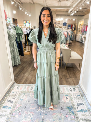 Sage Puff Sleeve V-Neck Maxi Dress
