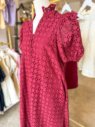 Burgundy Sweet Eyelet Moments Midi Dress