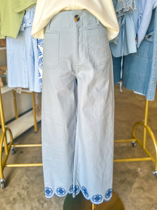 Blue Sweet Steps Embroidered Hem Wide Leg Pants