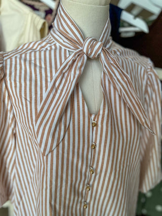 Camel Striped Magnolia Bow Button Down Blouse