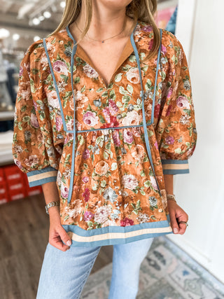 Autumn Painterly Rose Contrast Trim Blouse