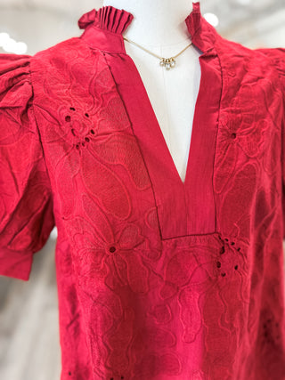 Red Everleaf Eyelet Short Sleeve V-Neck Top