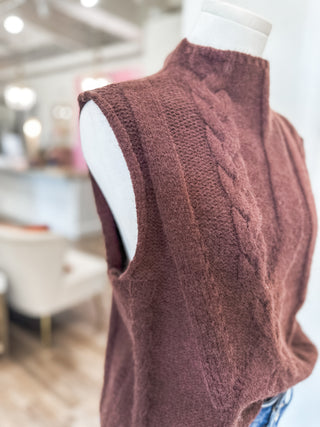 Brown Cozy Cables Knit Sleeveless Sweater