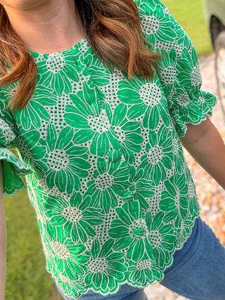 Green Softly Styled Floral Lace Top