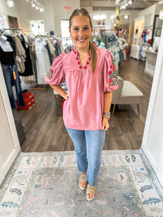 Light Pink Mariposa Market Embroidered Puff Sleeve Top