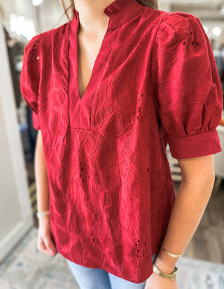 Red Everleaf Eyelet Short Sleeve V-Neck Top