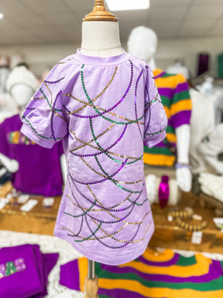 PRE-ORDER: Children Mardi Gras Beads Please Sequin Luxe Puff Sleeve Dress