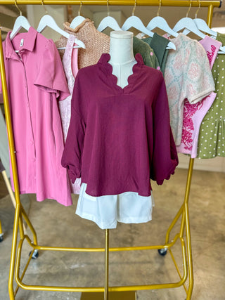 Plum Green Autumn Elegance Scallop Trim Top