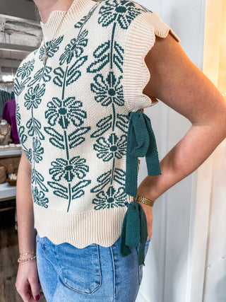 Hunter Green Look This Way Sleeveless Bow Tie Sweater Scallop Edge