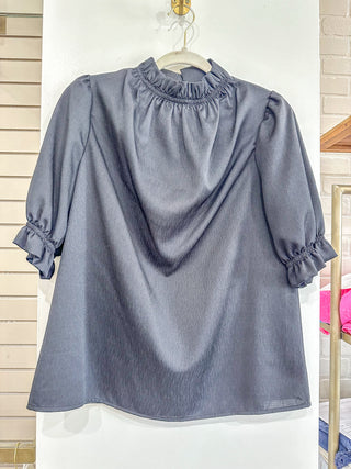 Black Ruffle Neckline Puff Sleeve Blouse