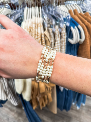 Pearl & Gold Set of 5 Beaded Stretch Bracelet Stack