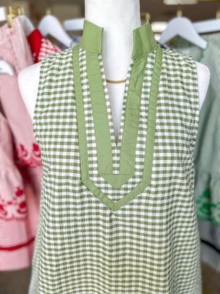 The Matcha Green Harbor Line Gingham Mini Dress