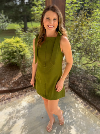 Olive Poised & Polished Straight Neckline Bow Ties Mini Dress