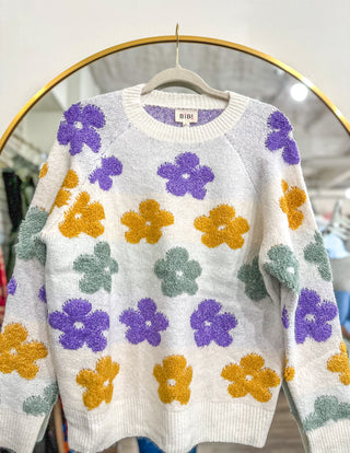 Flower Embroidery Mardi Gras Sweater