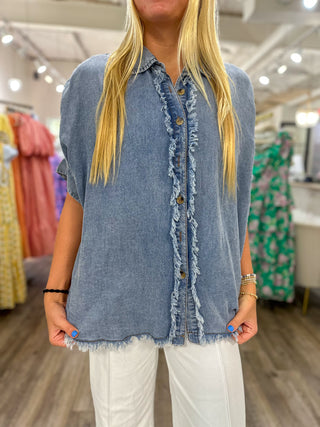 Summertime Love Frayed Trim Denim Button Top