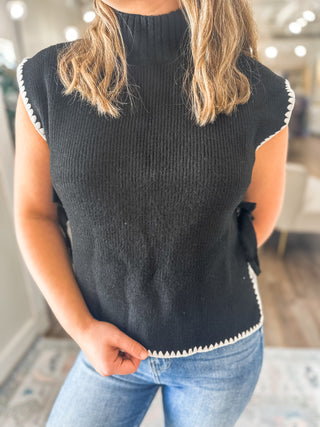 Black Sweet Trim Side Tie Sweater Top