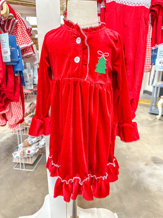 Red Velvet Christmas Tree Embroidered Dress