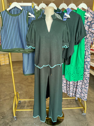 Forest Green Perfectly Scalloped Trim Pants Set