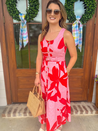 Pink Bold Bloom Belted Midi Dress