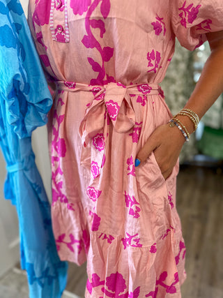 Light Pink Summer In Santorini Floral Belted Mini Dress