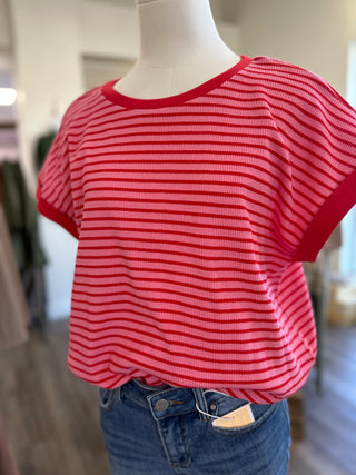 Pink Striped Hello World Short Sleeve Top