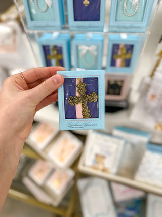 Pink Gold Cross Crib Medal