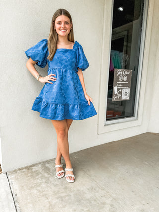 Denim Blue Pocket of Posies Babydoll Puff Sleeve Dress