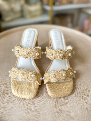 The Helena Natural Raffia Block Heel with Pearls