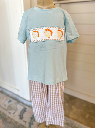 Fall Thanksgiving Plaid Chick Embroidery Smocking Boys Set