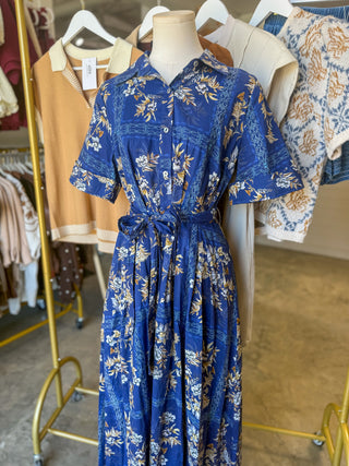 Charming In Blue Floral Tie Waist Midi Dress