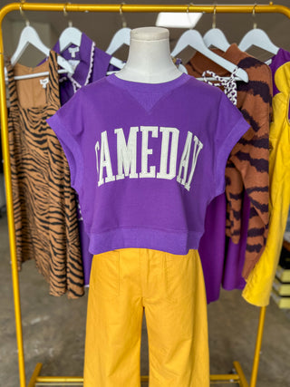 Purple & White Gameday Boxy Cropped Terry Top