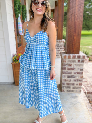 Sky Blue Gingham Midi Skirt Set