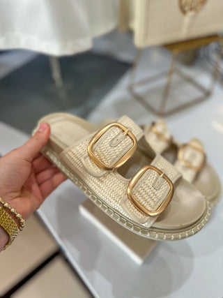 The Daytona Ivory Raffia Gold Buckle Sandal