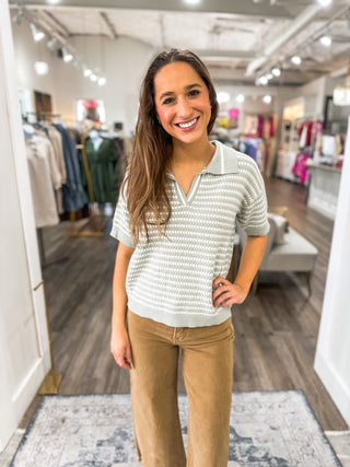 Misty Sage Preppy Perfection Short Sleeve Collared Stripe Sweater Top