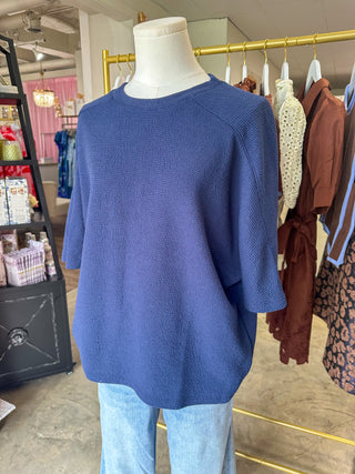 Navy Cloudy Knit 3/4 Sleeve Top
