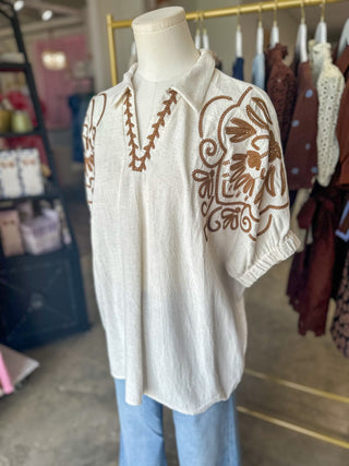 Oatmeal & Brown Frontier Floral Embroidered Top