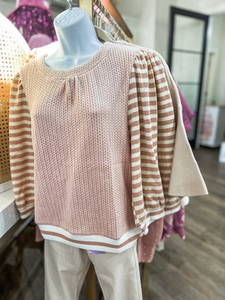 Pink Stripes on Trend Half Sleeves & Cable Knit Top