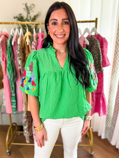 Green Seersucker Warm Floral Embroidery Bubble Sleeve Blouse