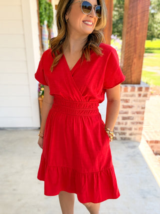 Red Soft Structure Smocked V-Neck Mini Dress
