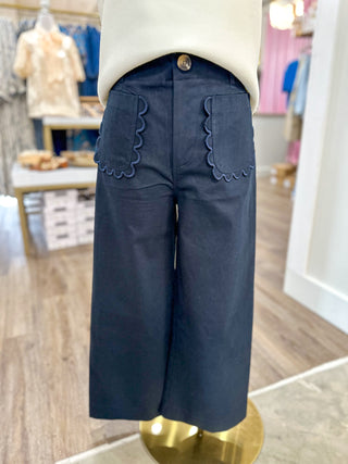 Navy Sweet Detail Scallop Pocket Wide Leg Pants