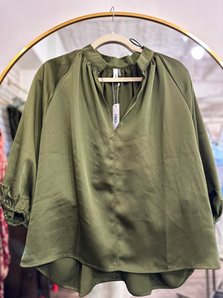 Olive Balloon Sleeve Maven Blouse