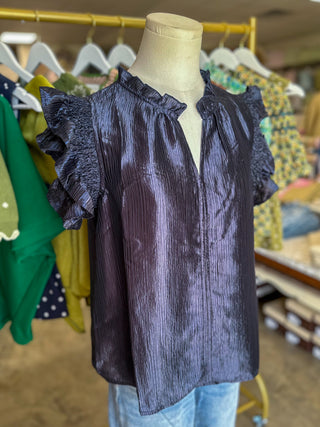 Navy Metallic Woven Flutter Sleeve Top
