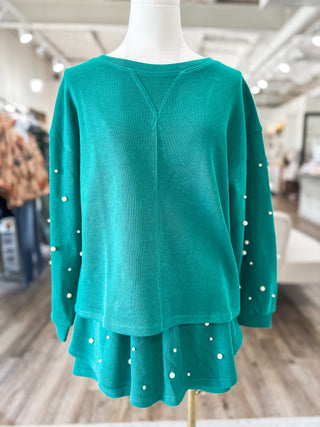 Green Holiday Pearl Charm Long Sleeve Top