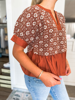 Rusted Rose Embroidered Peplum Top
